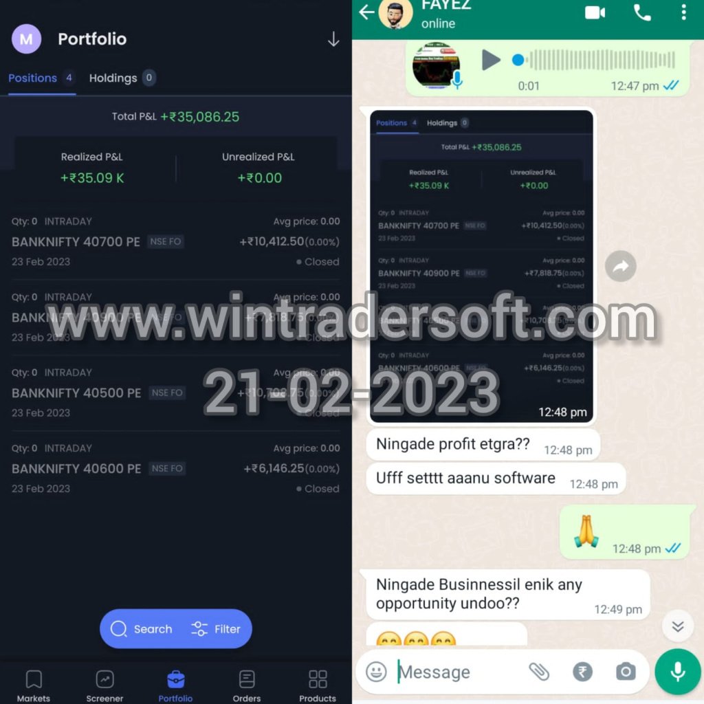 From BANKNIFTY Option Rs.35,086/- profit made on 21-02-2023 with the support of Wintrader
