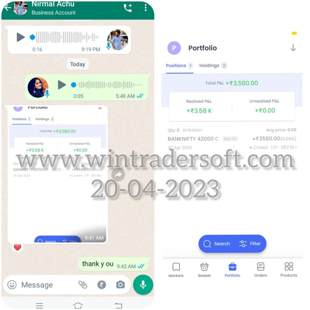 Rs.3,580/- profit made on 20-04-2023 , thanks to WinTrader team