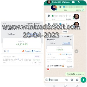 My First trade with the support of WinTrader , Rs. 1,278/- profit made today