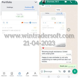 Thanks to WinTrader, exit with small profit Rs.781/-. WinTrader is not only supporting to make profit but also cut losses. 