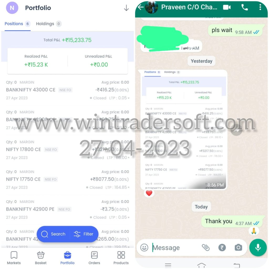 Thanks to WinTrader Team, from Option trading Rs.15,233/- profit made