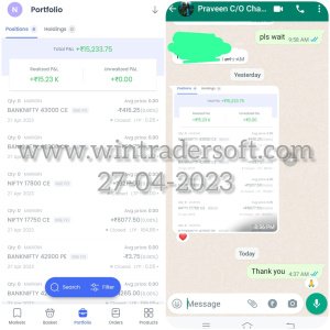 Thanks to WinTrader Team, from Option trading Rs.15,233/- profit made