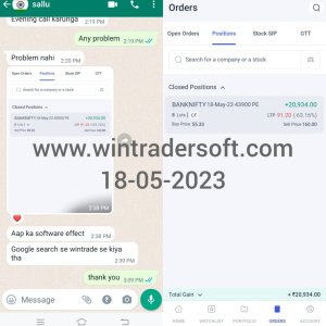 Thanks to WinTrader team, From BANKNIFTY Option Rs.20,934/- profit made on 18-05-2023