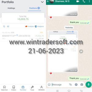 Thanks to WinTrader team, Rs.5,003/- profit made in BANKNIFTY Option on 21-06-2023