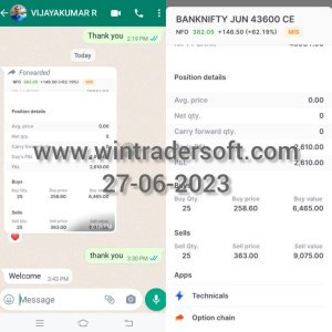 Rs.2,610/- profit made on 27-06-2023 with the support of Wintrader signals