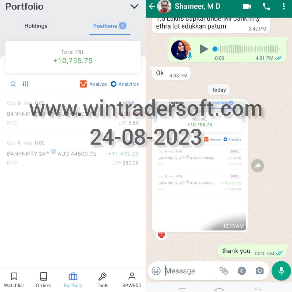 Rs.10,755/- profit made on 24-08-2023 from BANKNIFTY Option , thanks to WinTrader team