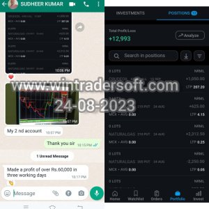 From MCX trading Rs.12,993/- profit made on 24-08-2023, made a profit of over 60,000 in three working days