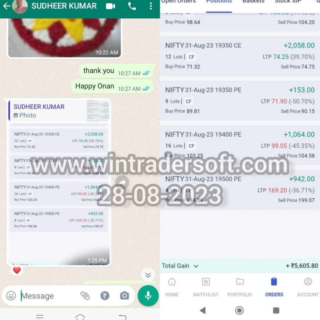From NIFTY Option trading Rs.5,605/- profit made on 28-08-2023