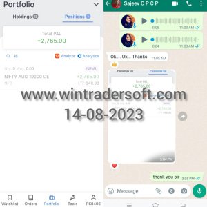 From NIFTY Option trading Rs.2,765/- profit made on 14-08-2023, thanks to Wintrader team
