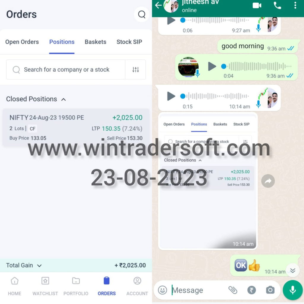 Again Rs.2,025/- profit made on 23-08-2023 from NIFTY Option , thanks to WinTrader team