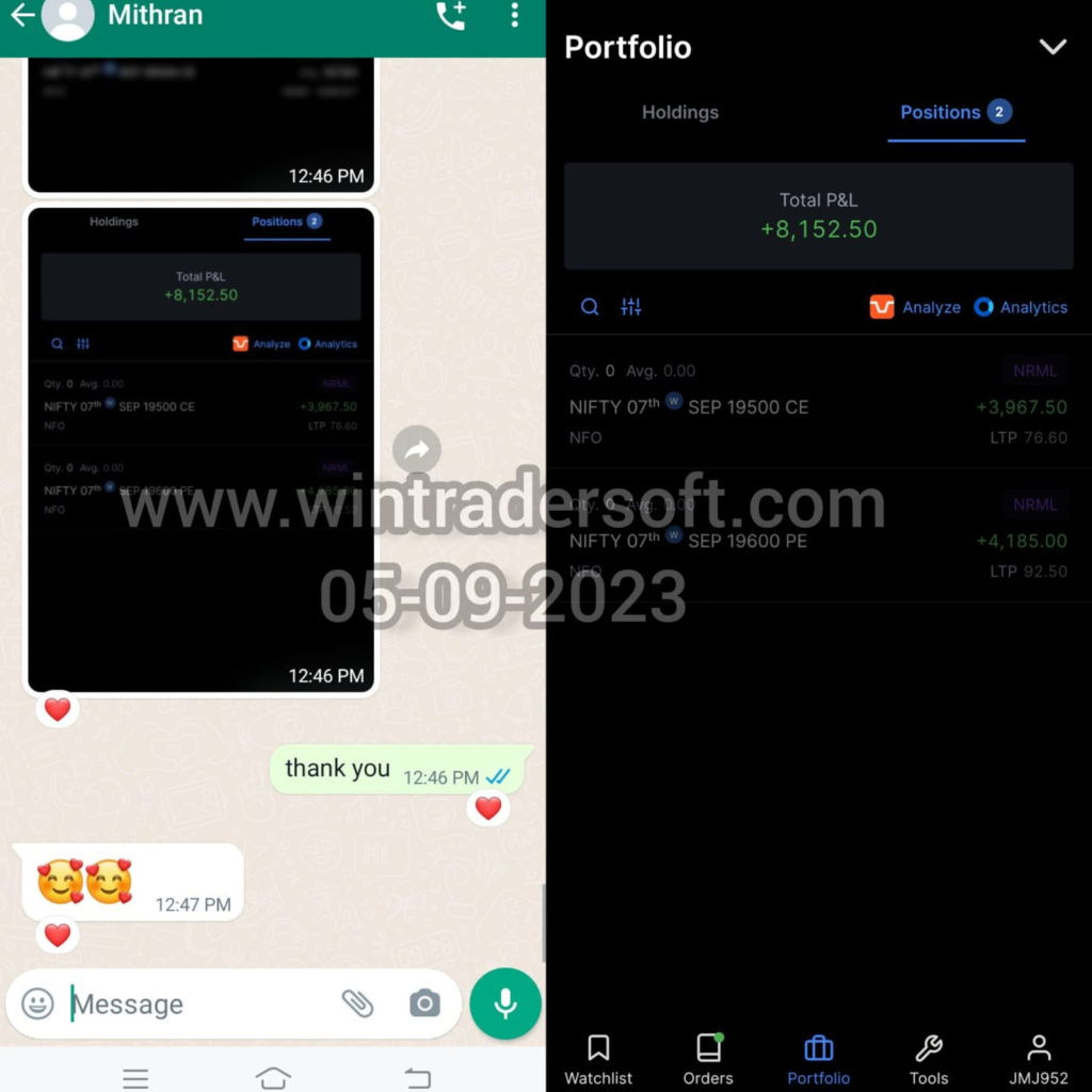 Thank you WinTrader team, Rs.8,152/- profit made on 05-09-2023 from option trading