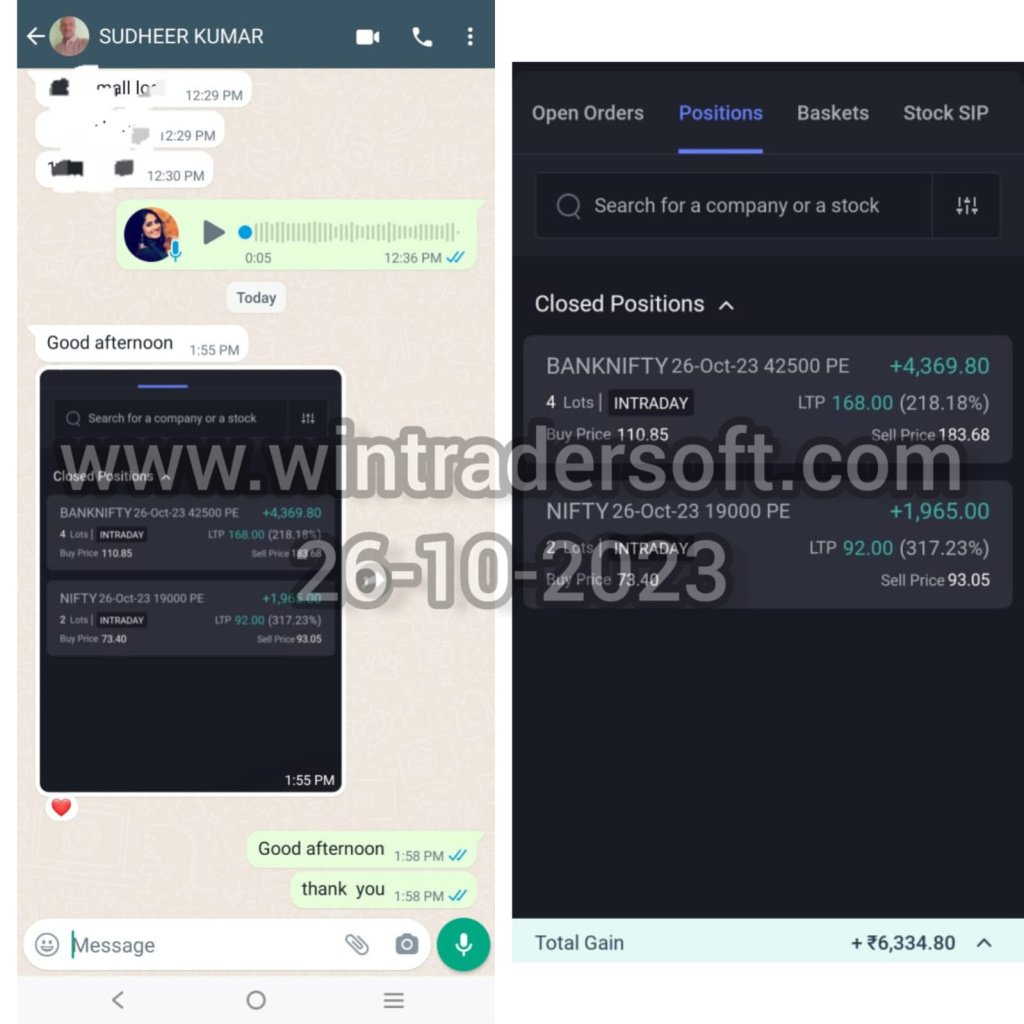 Thanks to Wintrader team, from Option trading Rs.6,334/-  profit made on 26-10-2023